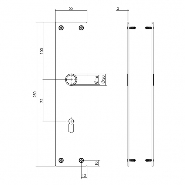 Lngskylt med nyckelhl (set) Matt svart - Model 583 - 55 x 250 mm