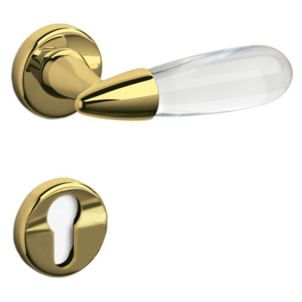 Olivari Dörrhandtag med euro cylinderring - Glänsande guld / Genomskinligt glas - Modell AURORA