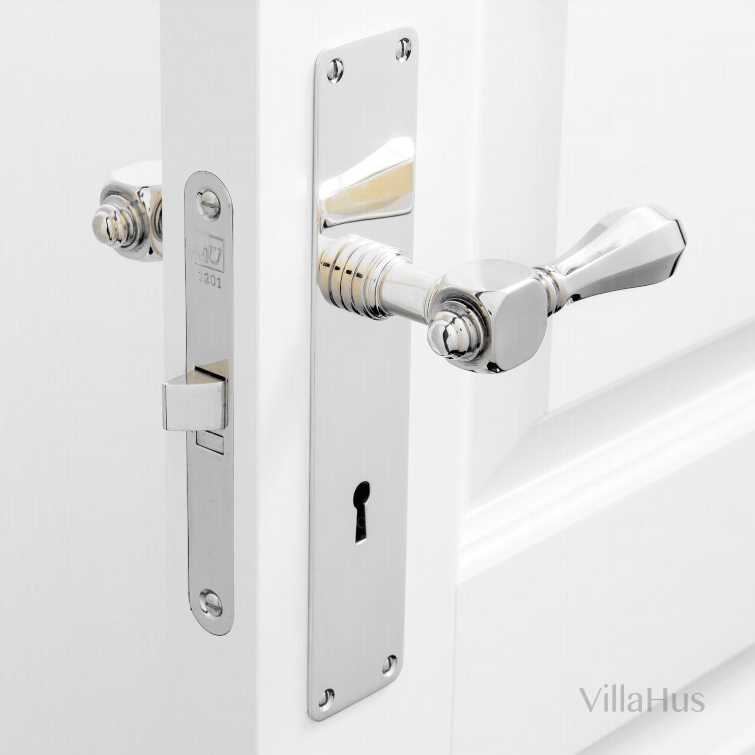 Türgriff - Innen - Rückplatte mit Schlüsselloch - Nickel poliert - MEDICI -  Chrom und Nickel Türgriffe - VillaHus