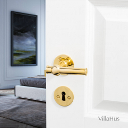 Door handle indoor brass - Smooth rosette and key plate - ALMANN 98 mm