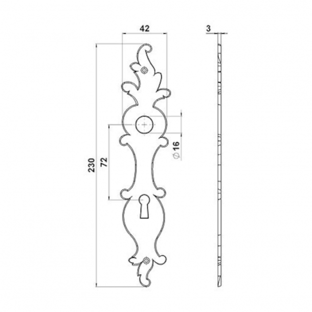 Rococo back plate with keyhole - Brass - Model COLLET - 230 mm