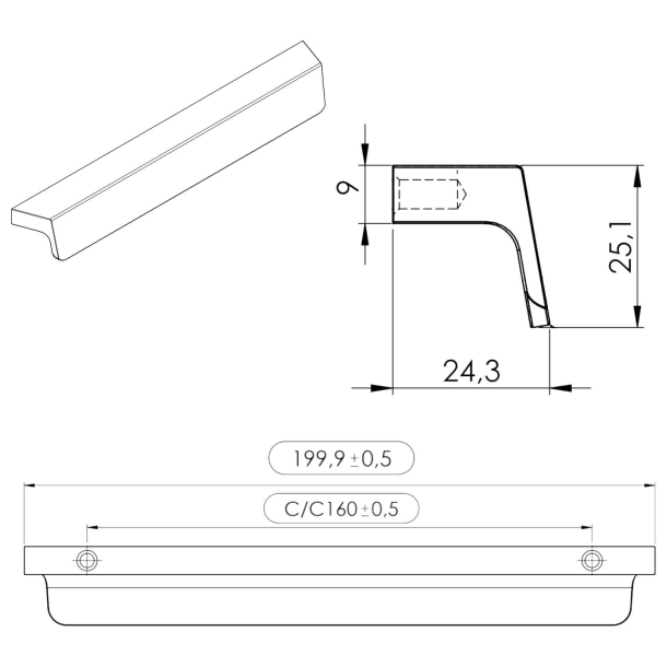 M�belhandtag - Furnipart - Borstat st�l - Modell Envelope - 200 mm