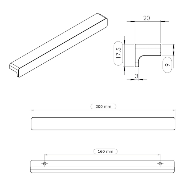 Furnipart M�belgreb - B�rstet mat sort - Model Elan 200 mm