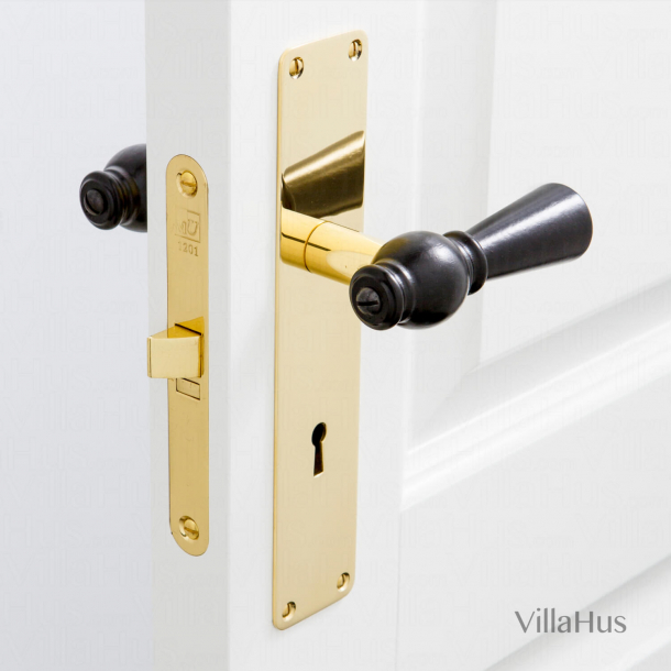 Black wooden door handle - Brass - Backplate with keyhole - 220 x 45 mm