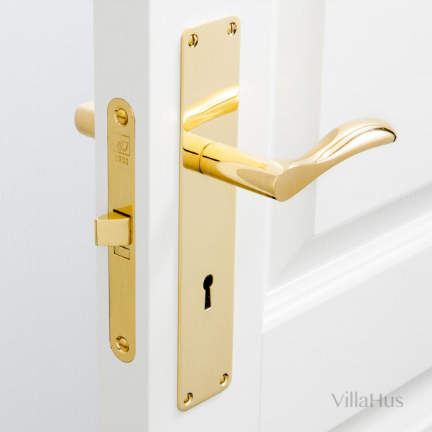 Door handle on Back plate with keyhole - 220 x 45 mm - Brass without lacquer - Model BELLEVUE