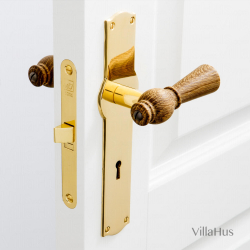 Smoked Oak wood door handle - Brass back plate with keyhole