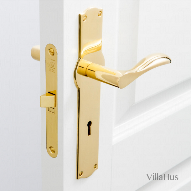 Door handle on Amalienborg back plate with keyhole - Brass without lacquer - Model BELLEVUE