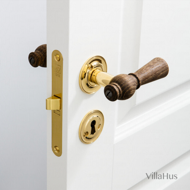 Wooden door handle Interiors - Brass &amp; Smoked Oak - Rose / Smooth neck