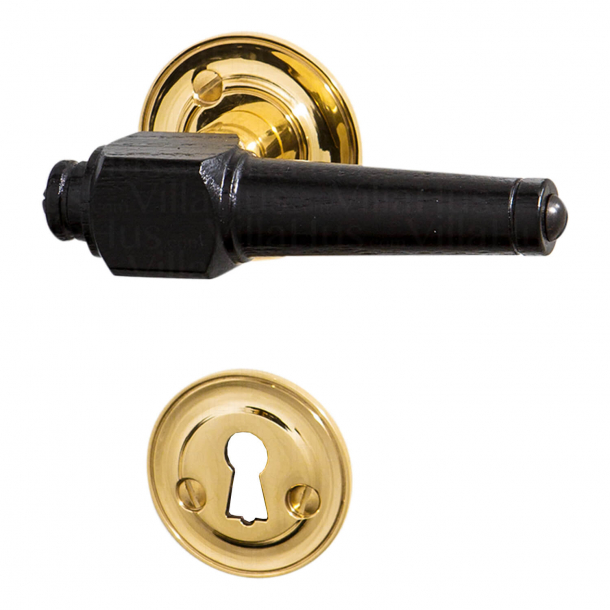 Wooden door handle - Interior - Brass &amp; Black wood - Rose / Smooth Neck