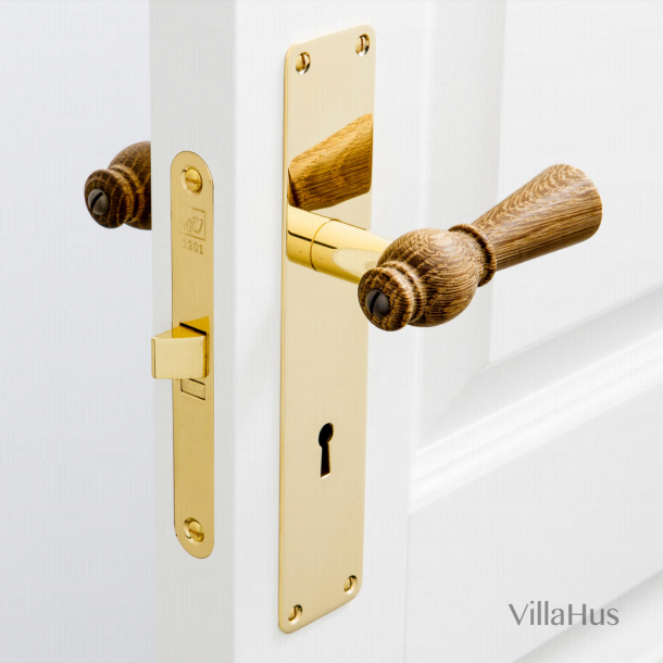 Door handle - Smoked oak - Brass - Backplate with keyhole - 220 x 45 mm