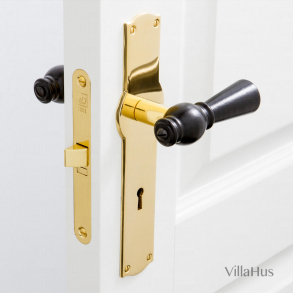 Black wooden door handle - Brass back plate with keyhole