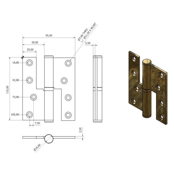 Drhngsel, Hjre - 115 x 34 mm - Firkantet/Spids knop- Messing