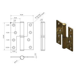 Door hinge, Left - 115 x 34 mm - Square / Point Knob - Brass