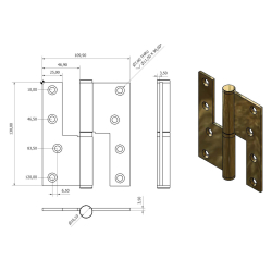 Gngjrn, Hger - 130 x 45 mm - Kvadratisk / Tips-knapp - Mssing