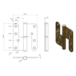 Trscharnier, Rechts - 130 x 45 mm - rund / Acorn Knopf - Messing