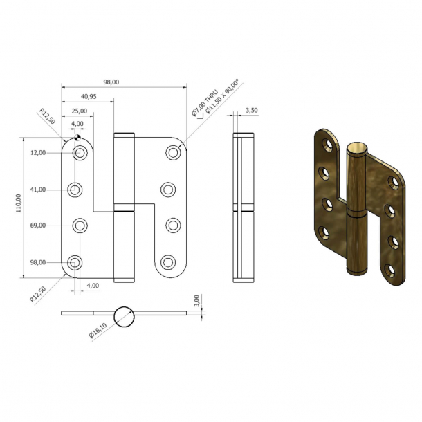 Drhngsel, Hjre - 110 x 49 mm - Rund/Agern knop- Messing