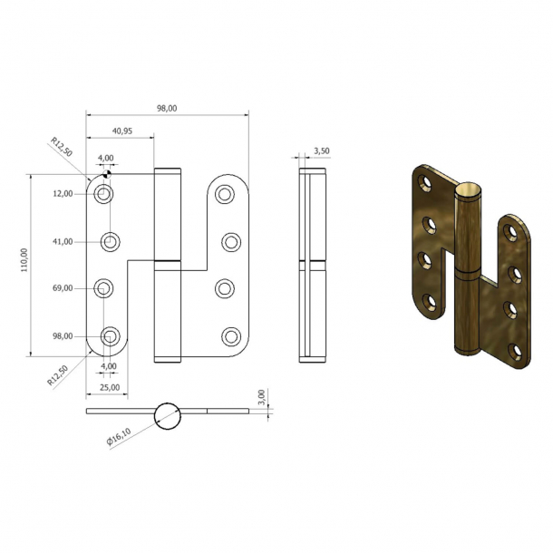 Trscharnier - Links - 110 x 49 mm - rund - Messing - Edelstahlstift