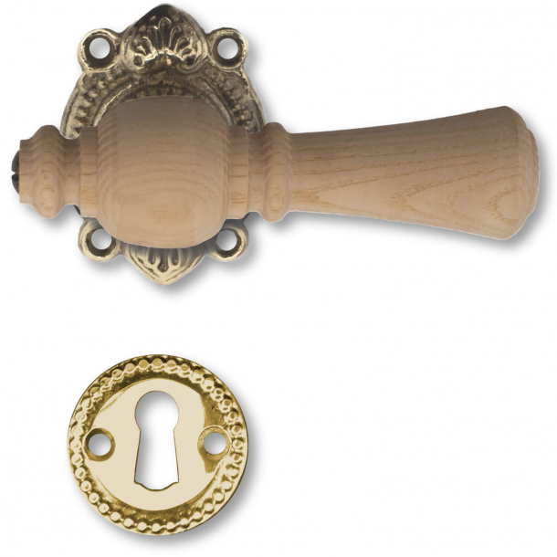 Wooden door handle interior - Rustic style brass Ash, Escutcheon without flap