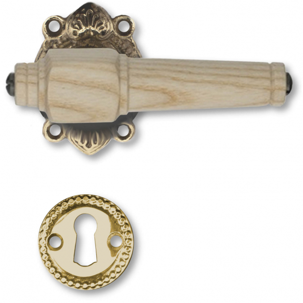 Wooden door handle interior - Ornamented Brass and ash tree - escutcheon without cover