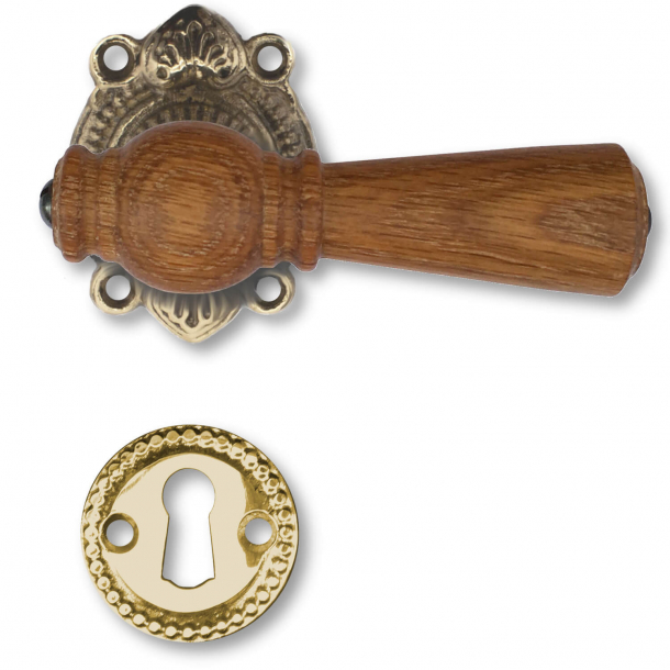 Wooden door handle interior - Rustic style brass Oak, Escutcheon without flap
