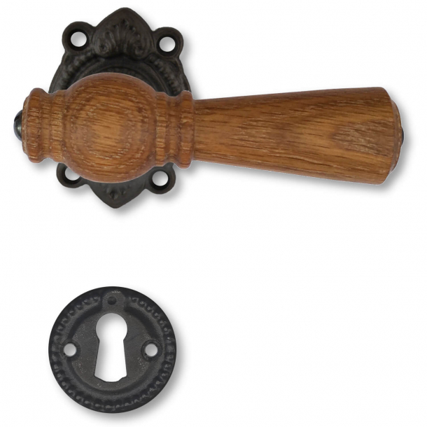 Wooden door handle interior - oak, black iron, Antique, Escutcheon without flap