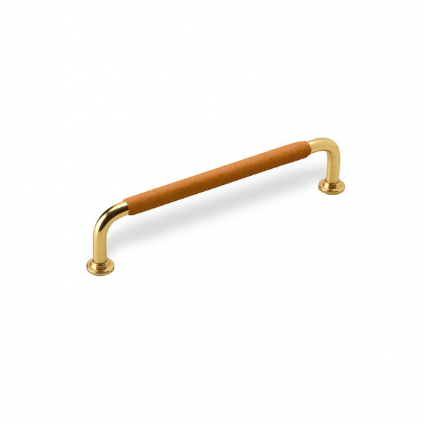 Furniture Handle - Natural leather and polished Brass - Model 1353 - cc128 mm