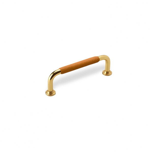 Furniture Handle - Natural leather and polished Brass - Model 1353 - cc96 mm