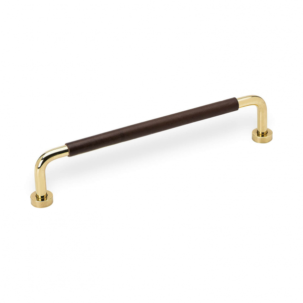Furniture Handle - Brown leather and polished Brass - Model LOUNGE LEATHER - cc160 mm