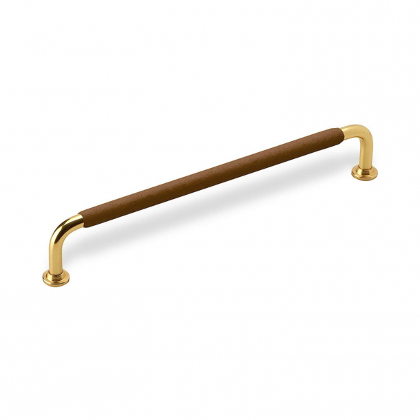 Furniture Handle - Brown leather and polished Brass - Model 1353 - cc192 mm