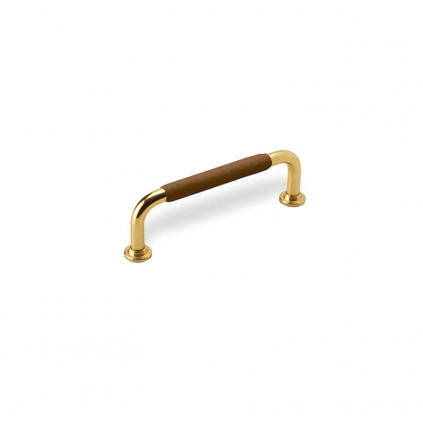 Furniture Handle - Brown leather and polished Brass - Model 1353 - cc96 mm