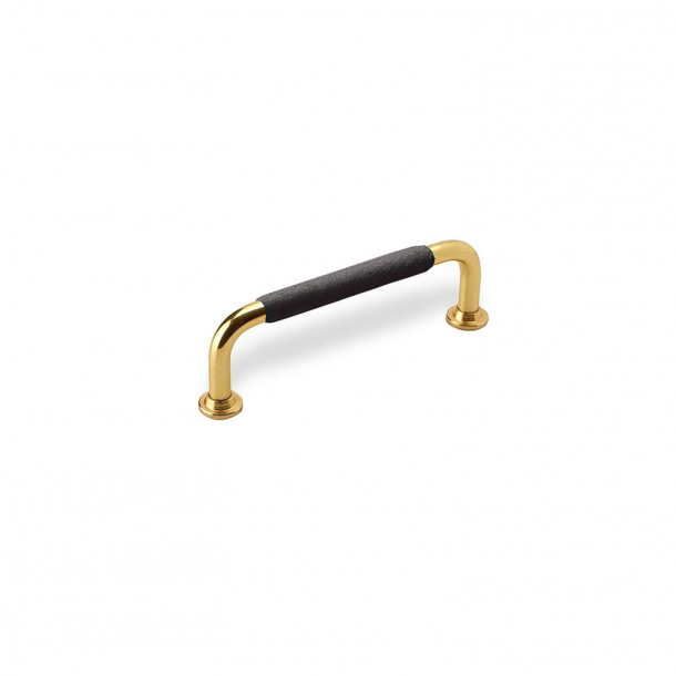 Furniture Handle - Black leather and polished Brass - Model 1353 - cc96 mm