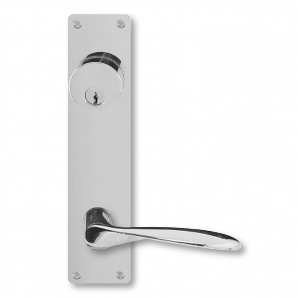 Arne Jacobsen dörrhandtag - AJ dörrhandtag - Högglans, långskylt cylinderlås inifrån och ut