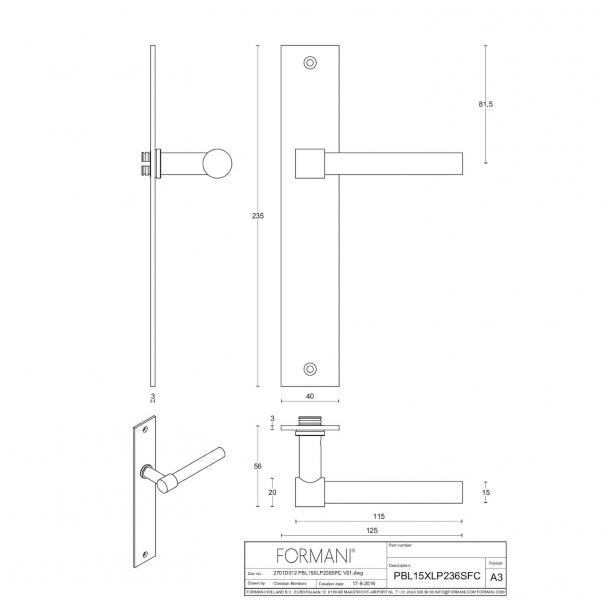 Drgreb p langskilt - PBL15XLP236 - Brstet stl - Formani - Model ONE - Design by Piet Boon