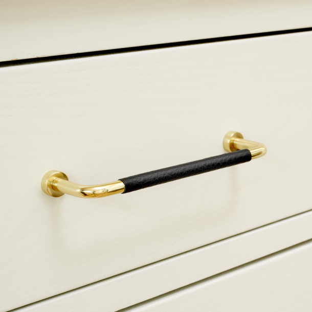 Cabinet Handle - Black leather / Untreated polished brass - Model LOUNGE LEATHER - cc128 mm