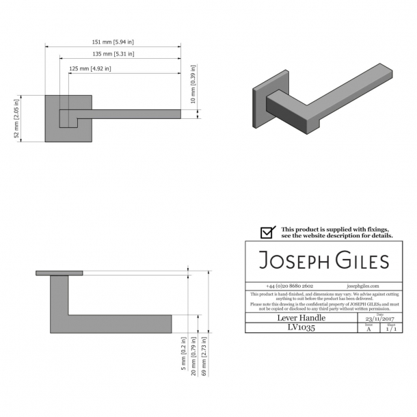 Joseph Giles Door handle Brushed nickel Model LV1035 Door Handle
