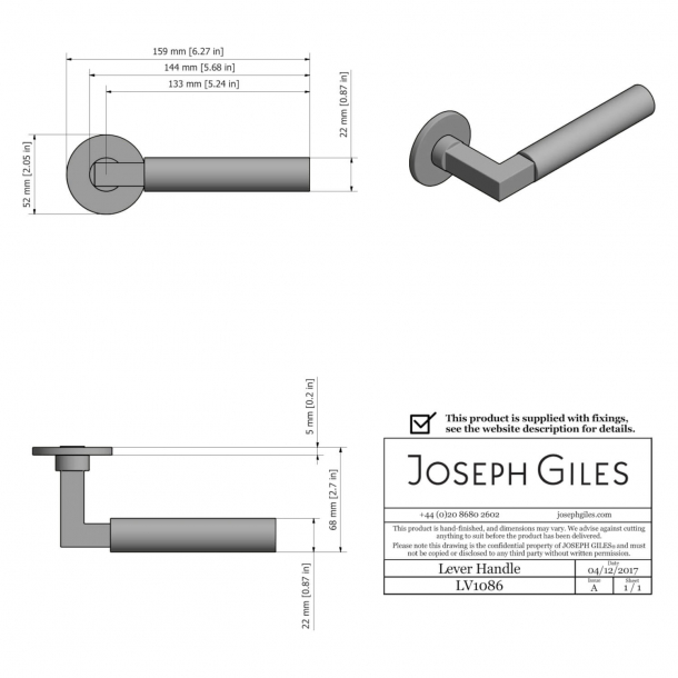 Joseph Giles Door handle - Polished brass - Model LV1086 - Door Handle ...