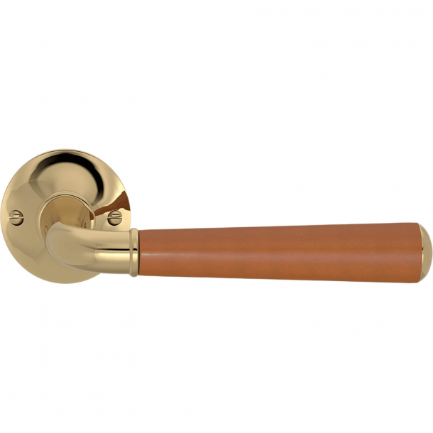 Turnstyle Design Door handle - Tan leather /  Polished brass - Model CF4090