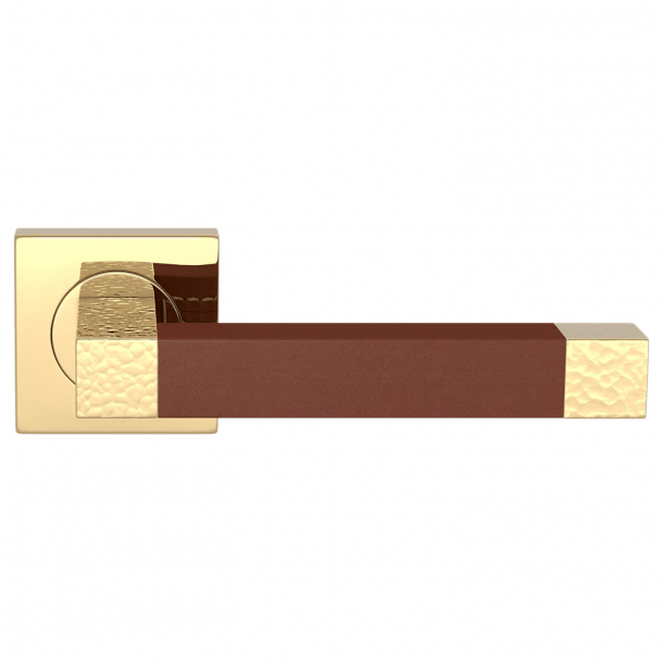 Klamka do drzwi - Turnstyle Design - Skóra w kolorze kasztanowym / Polerowany mosi&#261;dz - Model HR1021