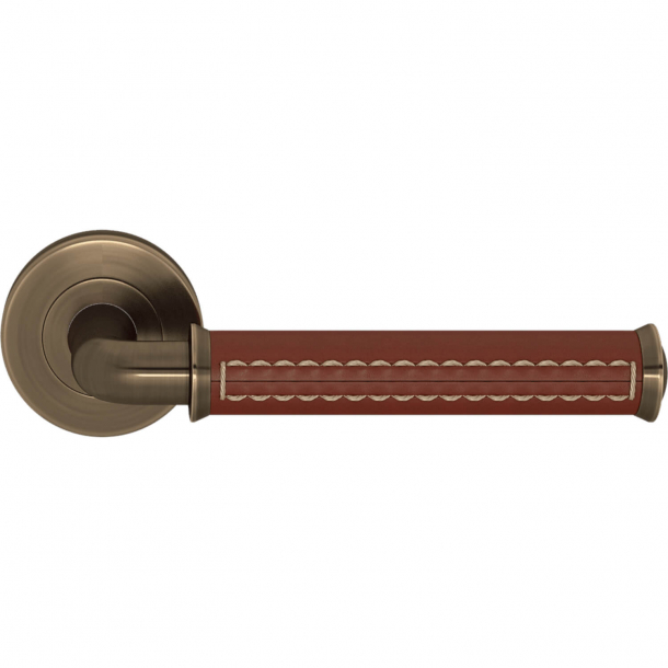 Klamka do drzwi  - Skóra w kolorze kasztanowym / Mosi&#261;dz antyczny - Model QL2004