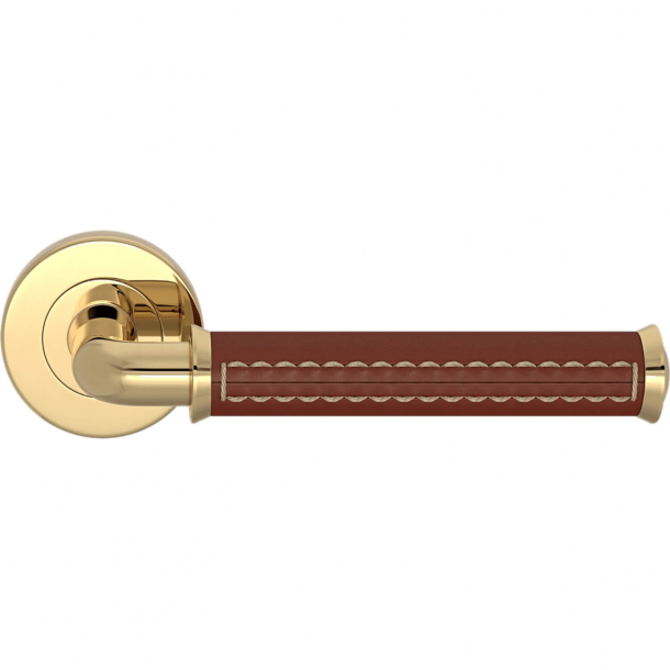 Turnstyle Design Door handle - Chestnut leather / Polished brass - Model QL2004