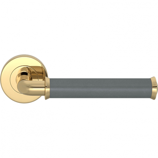 Turnstyle Design Door handle - Slate gray leather / Polished brass - Model QL2242