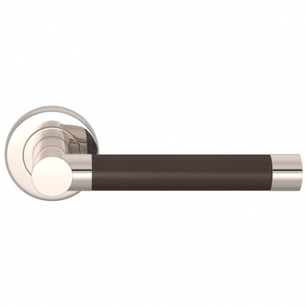 Turnstyle Design Door Handle - chocolate leather / Polished nickel - Stitch in - Model R1018