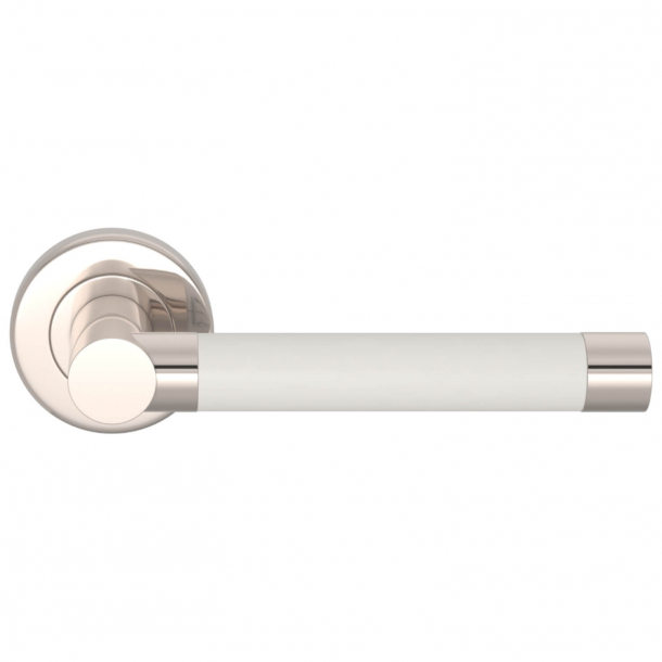 Turnstyle Design Door Handle - White leather / Polished nickel - Stitch in - Model R1018