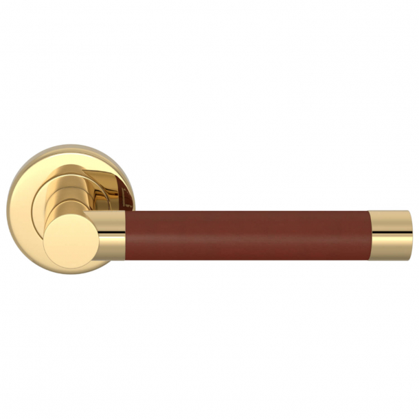 Turnstyle Design Door Handle - Chestnut Leather / Polished brass - Model R1018