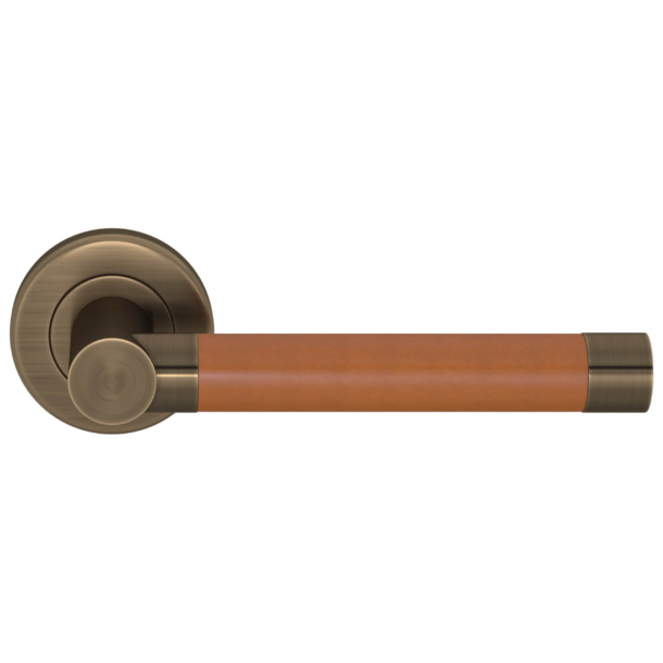 Turnstyle Design Door Handle - Tan leather / Antique brass - Model R1018