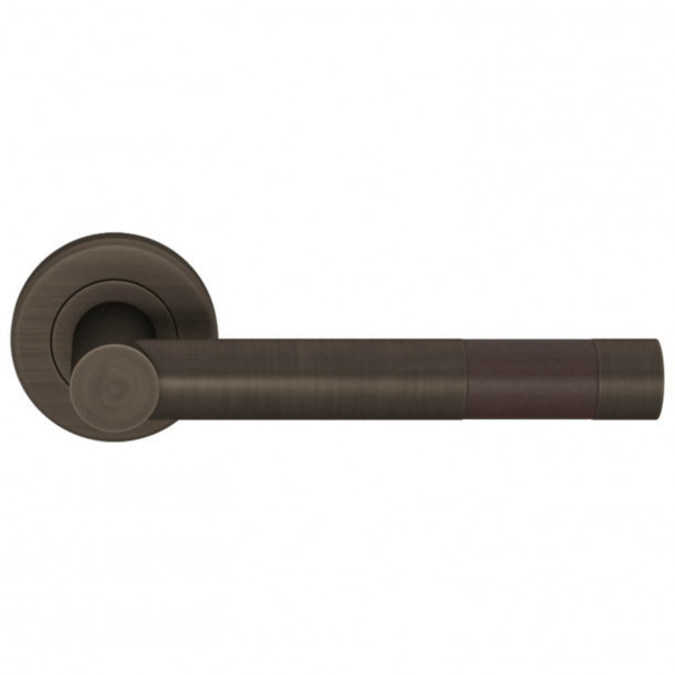 Turnstyle Design Door handle - Chocolate colored leather / Vintage patina - Model R1020