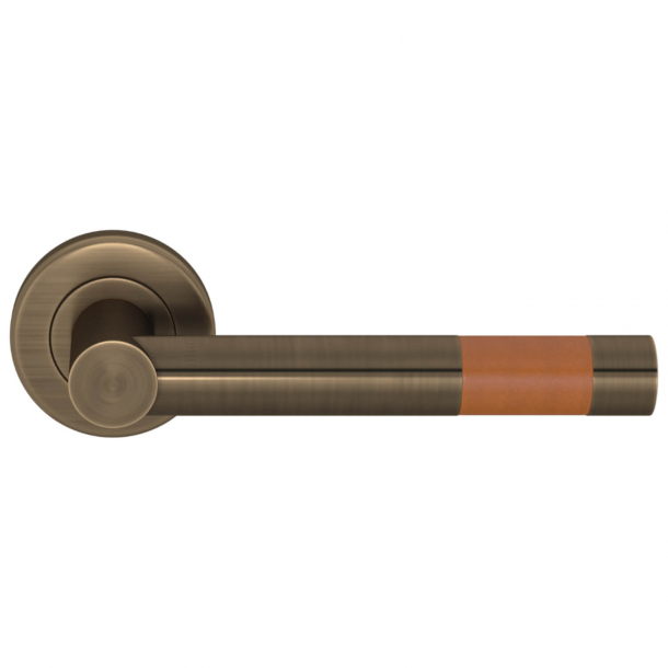 Turnstyle Design Door Handle - Tan Leather / Antique Brass - Model R1020