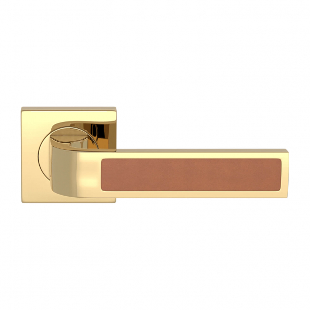 Turnstyle Design Door handle - Tan leather / Polished brass - Model R1022