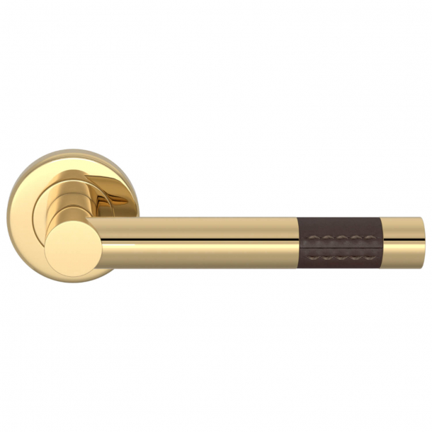 Turnstyle Design Door Handle - Chocolate leather / Polished brass - Model R1023