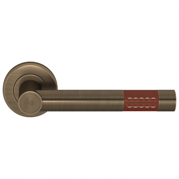 Turnstyle Design Door Handle - Chestnut Leather / Antique Brass - Model R1023